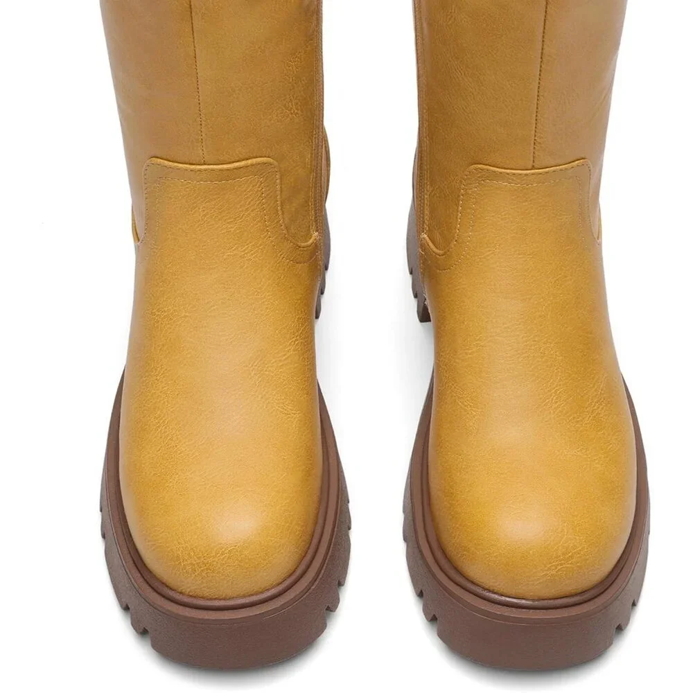 Women's Yellow Knee High Round-Toe Side Zip Stylish Comfortable Chunky Heel Boot